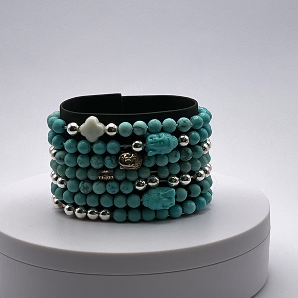 Turquoise Blue & Silver Buddha Bracelet Set -Stacked Bracelet Bead Bracelet Set - Picture 14 of 16